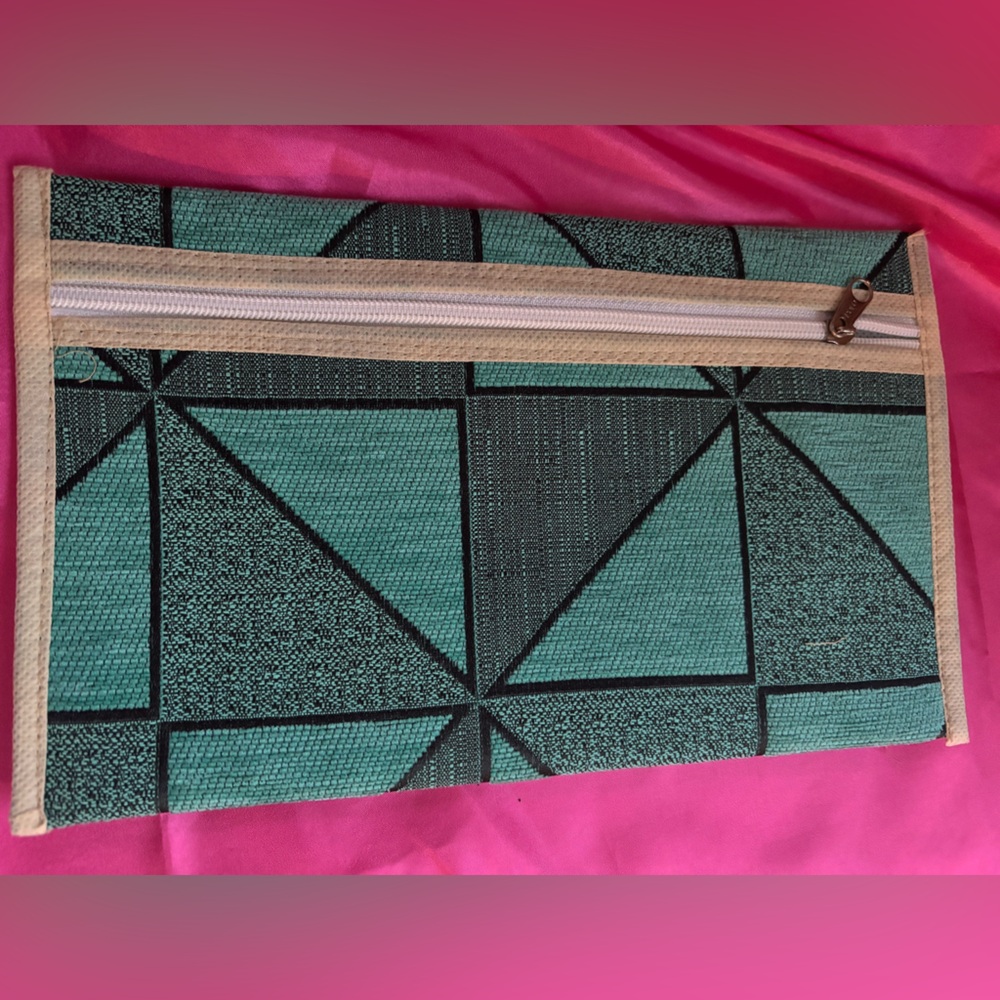 Geometric Green and Black velvet accessories pouch